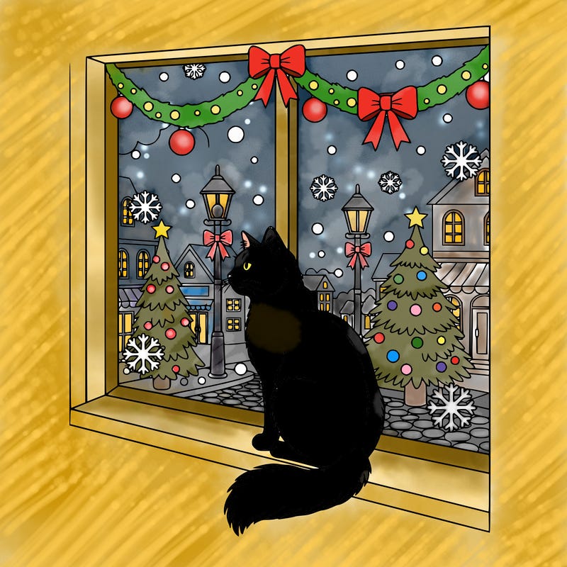a cat watching through the window as the snow falls on the christmas decorations in the street