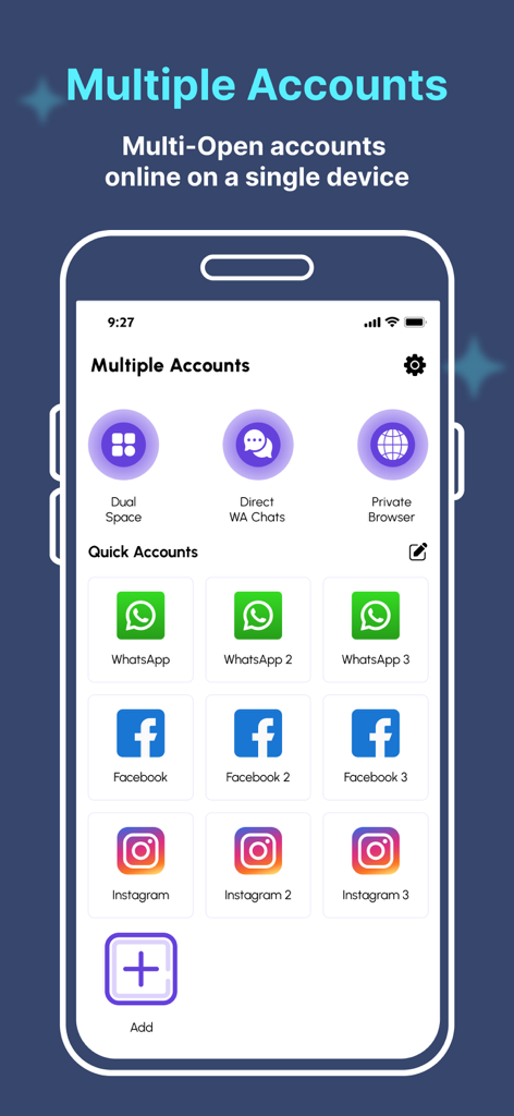 Interface de l'application Multiple Accounts Dual Spaces montrant plusieurs icônes pour WhatsApp, Facebook et Instagram sur un seul écran d'appareil