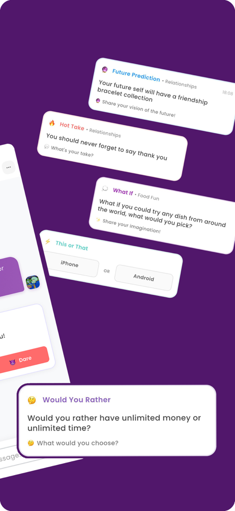 AfterMatch - Make Friends - 대화를 시작하기 위한 'Would You Rather' 및 'Hot Takes'를 포함한 AfterMatch 앱의 재미있는 아이스브레이커 카드 선택