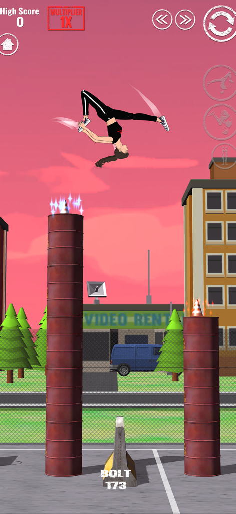 SWAGFLIP Parkour Origins - Uma personagem feminina realizando um salto mortal no ar em uma arena de parkour urbana