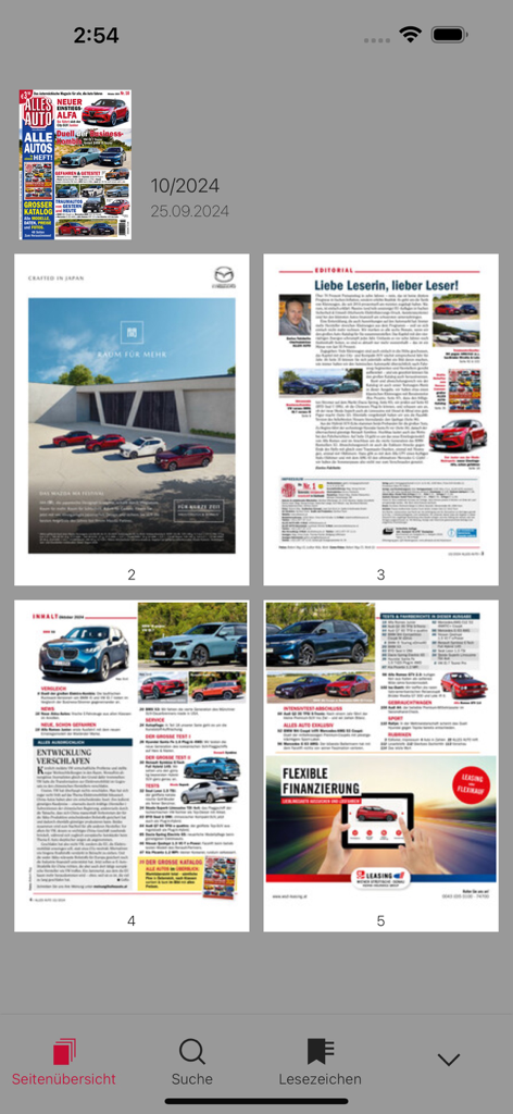 Alles Auto E-Paper - A mobile app overview of the Alles Auto E-Paper magazine featuring car reviews and technical automotive tests.