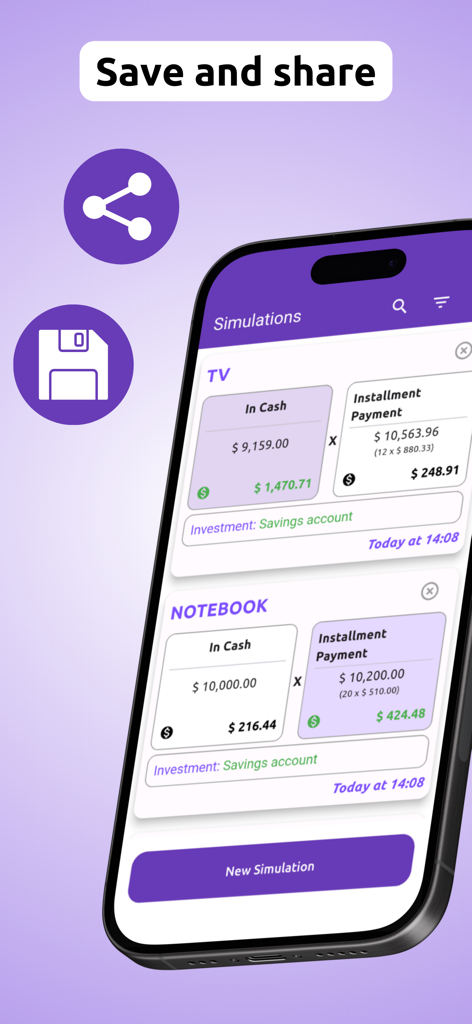 Mobile app interface showing saved financial simulations comparing cash and installment payment options with share and save icons