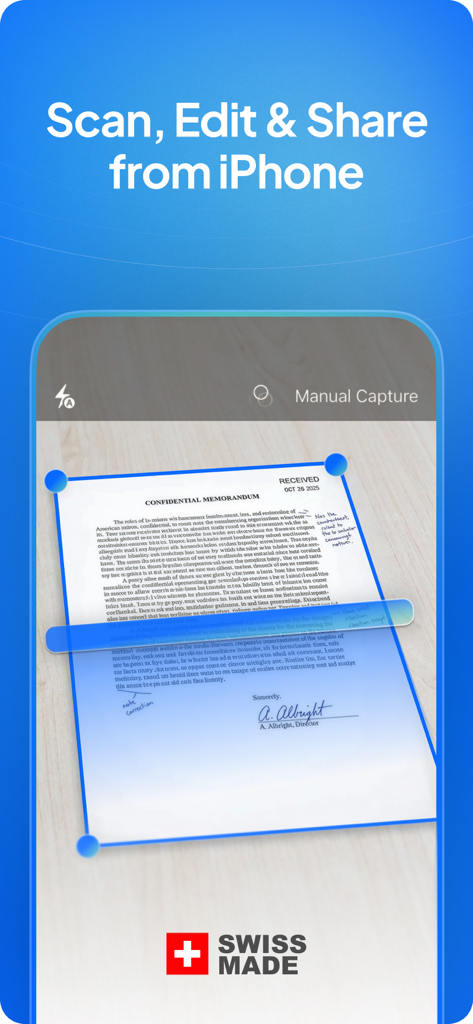 Scan Plus mobile app interface showing document scanning with automatic edge detection and Swiss Made branding