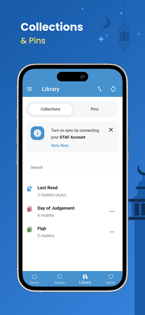 Hadith Collection app library interface showing custom collections and pinned hadiths