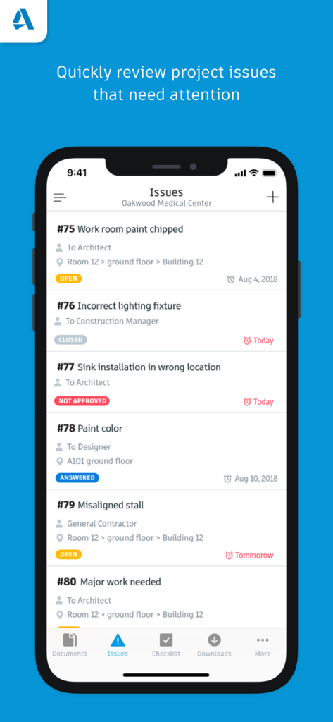 Mobile interface of Autodesk BIM 360 app showing a list of construction project issues with status labels like open and closed