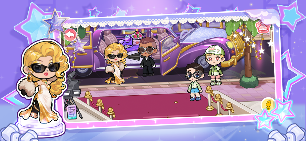 A celebrity character in a golden dress arriving at a red carpet event in a purple limousine in Sparkle City.