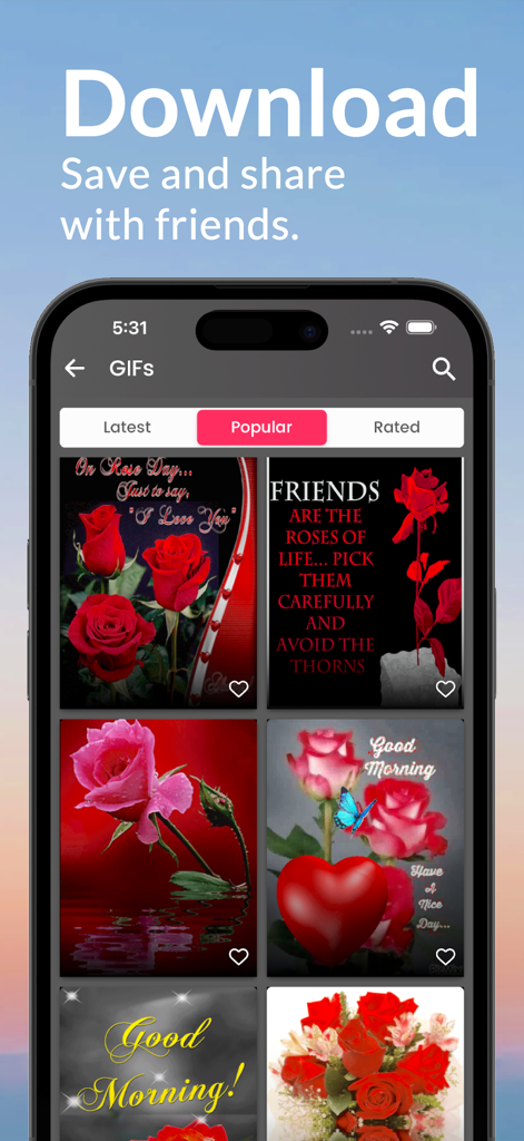 Good Morning Flowers - Interface of the Good Morning Flowers app showing a selection of floral GIFs and roses to download and share