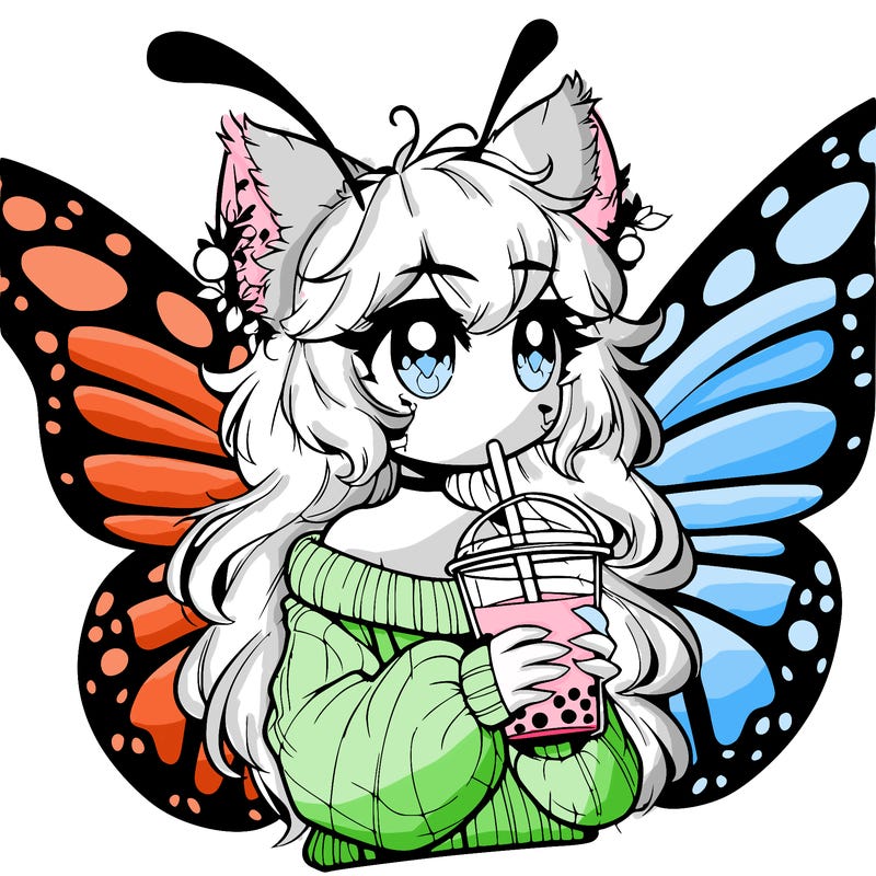 a realistic butterfly/furry girl drinking boba