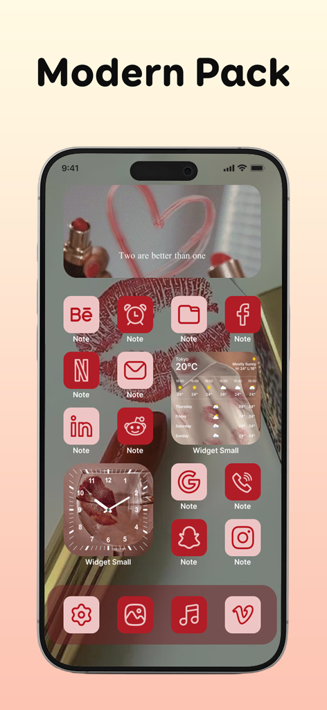 ThemeApp: Themes & Widgets - iPhone home screen displaying a modern aesthetic theme pack with red and pink custom icons and widgets