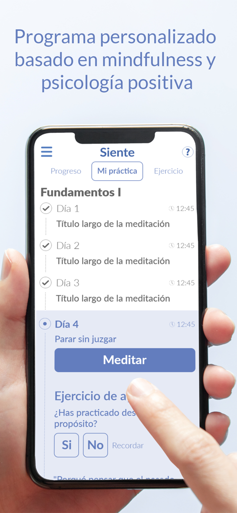 A hand using the Siente app on a smartphone to start a guided meditation session from a daily program.