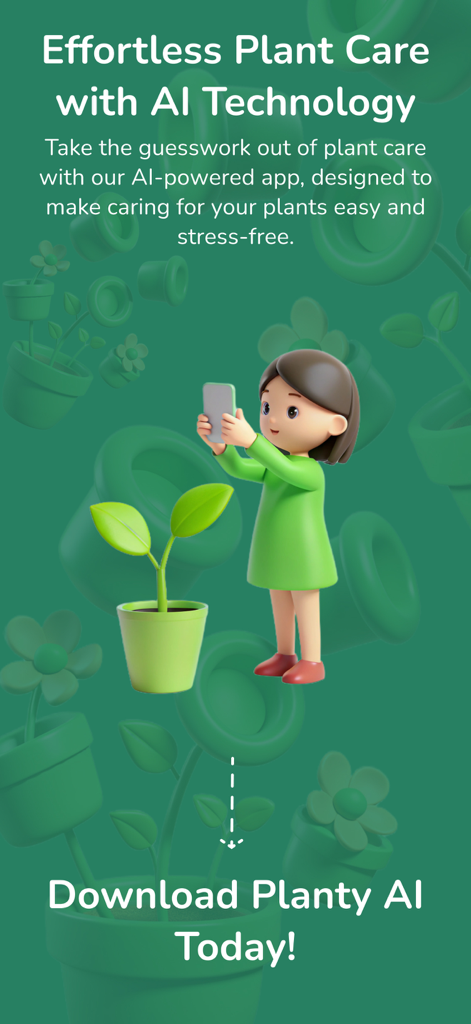 Planty | Plant Finder,Plant ID - A 3D illustration of a woman using the Planty AI app to take a photo of a houseplant for identification and care.