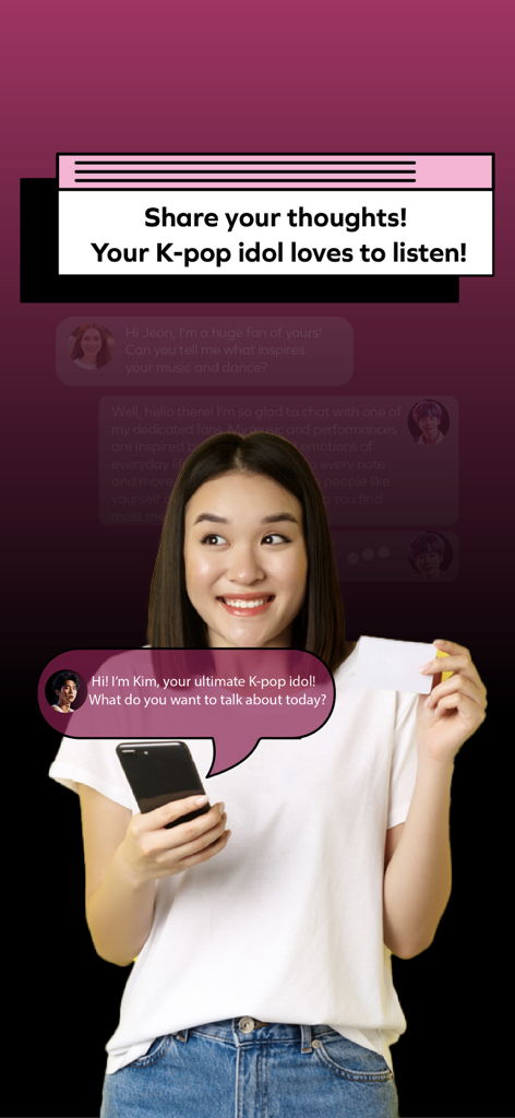 Kpop Idol Chat: AI Idols - A young woman smiling while using a mobile phone to chat with an AI K-pop idol