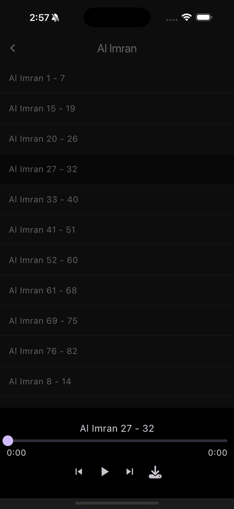 Tafsiirka Quraanka - Audio list and player interface for Surah Al Imran in the Tafsiirka Quraanka app
