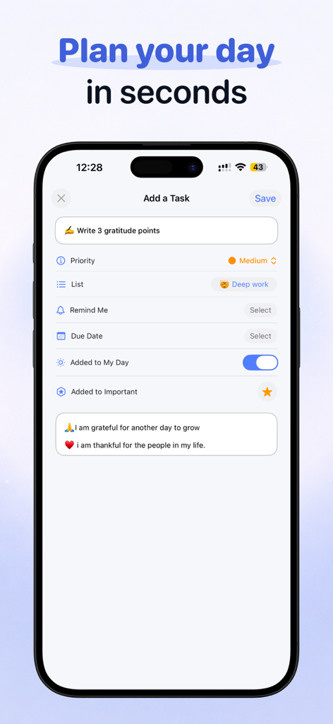 To Do List & Tasks Calendar - Add a task interface in the To Do List and Tasks Calendar mobile application showing options for priority reminders and list categorization.