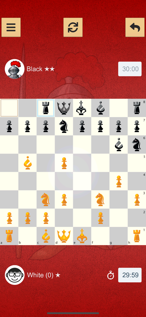 Easy Chess ™ - Gameplay screen of Easy Chess showing a chess match in progress with timers and an undo button.