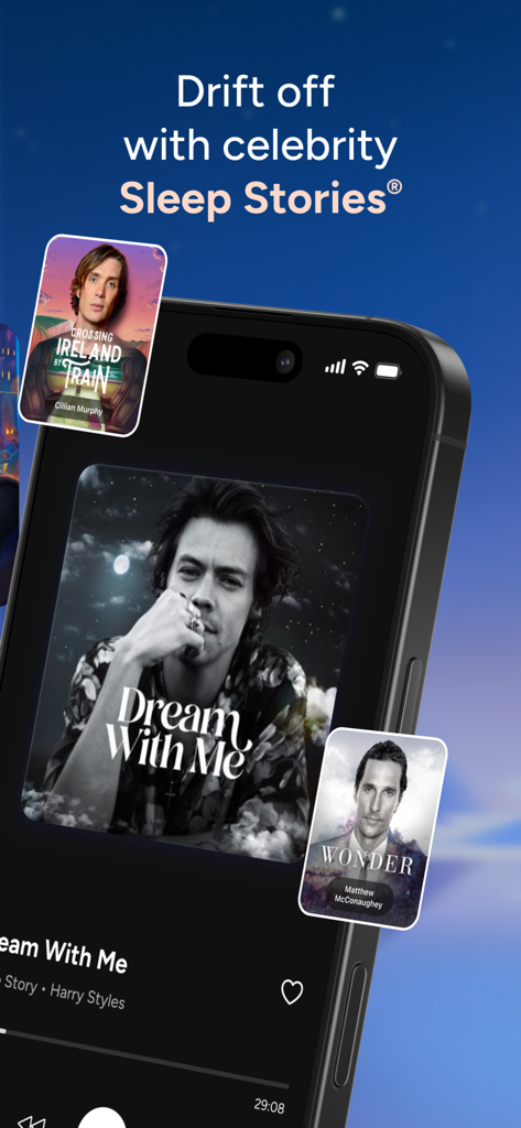 Calm Sleep - Rest & Relax - A smartphone screen displaying celebrity Sleep Stories from the Calm Sleep app featuring Harry Styles, Cillian Murphy, and Matthew McConaughey