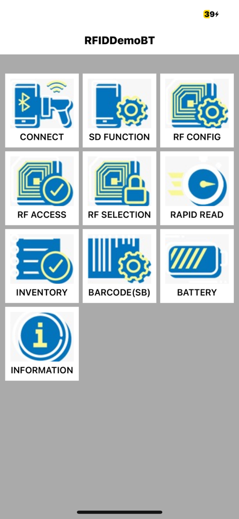 RFR901 APP - Menu principal de l'application RFR901 montrant les options de configuration RFID et de codes-barres telles que connecter, lecture rapide et inventaire