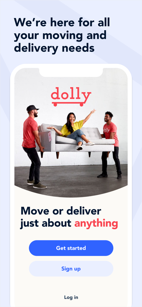 Dolly app intro screen showing two helpers carrying a couch with a woman sitting on it