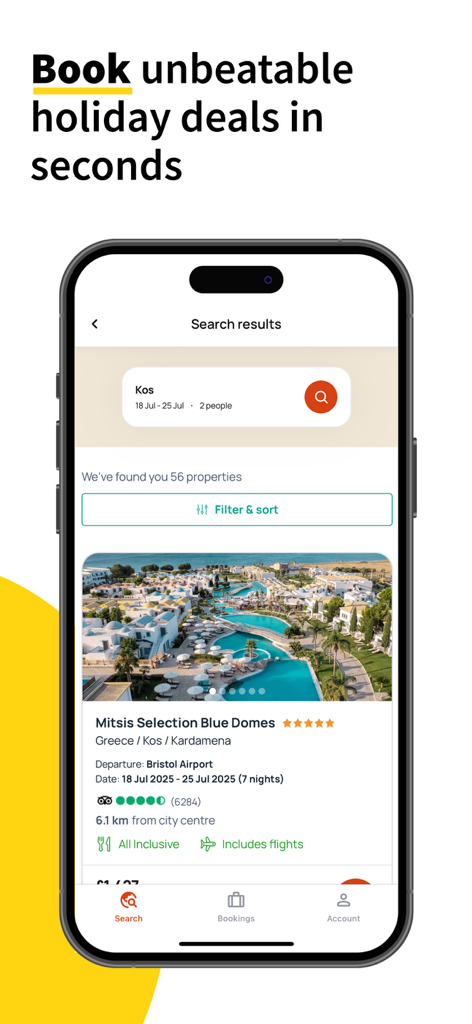 A mobile app screenshot of Thomas Cook Holidays showing search results for an all inclusive hotel in Greece with flight details and traveler ratings.