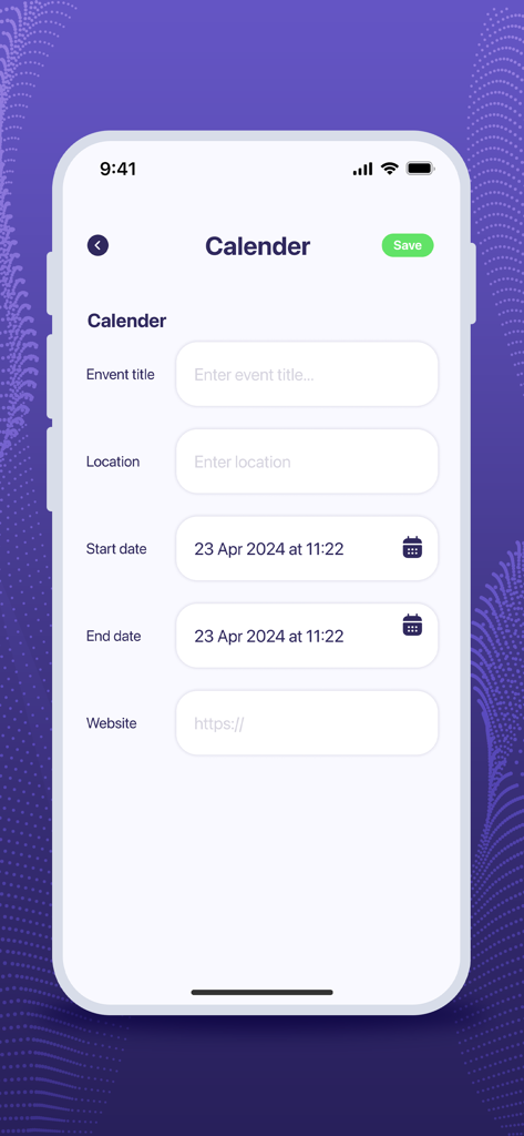 Interface of the QR Scanner app showing a form to create a calendar event QR code with fields for event title location and dates