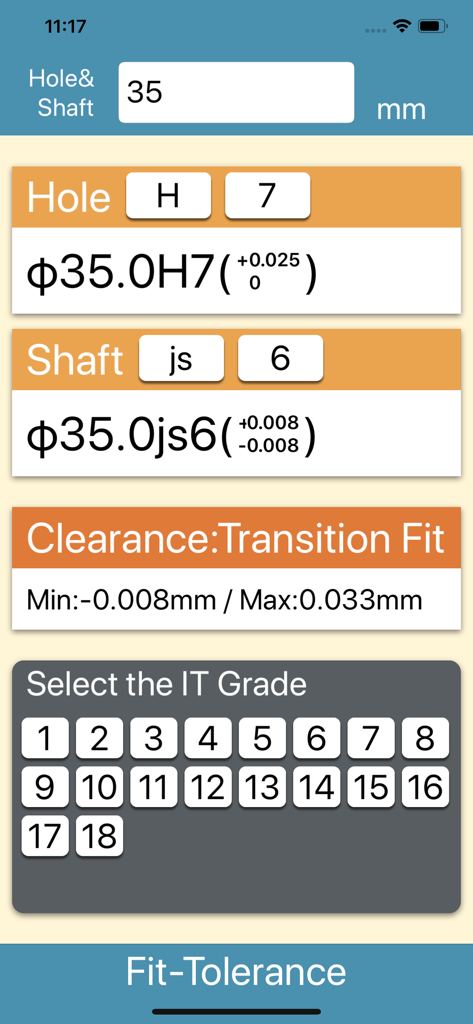 Fit Tolerance Calculator app interface showing ISO hole and shaft calculation results