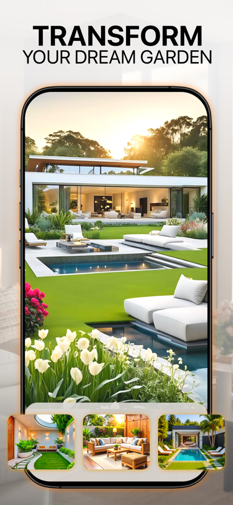 AI Home Design - Deco AI - Deco AI app screen showing a luxury garden transformation with a swimming pool and modern patio furniture