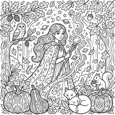Step into a magical realm where cosmic powers meet the beauty of fall with this enchanting coloring page. A celestial witch is ready for your artistic touch amidst pumpkins, woodland animals, and autumn leaves.