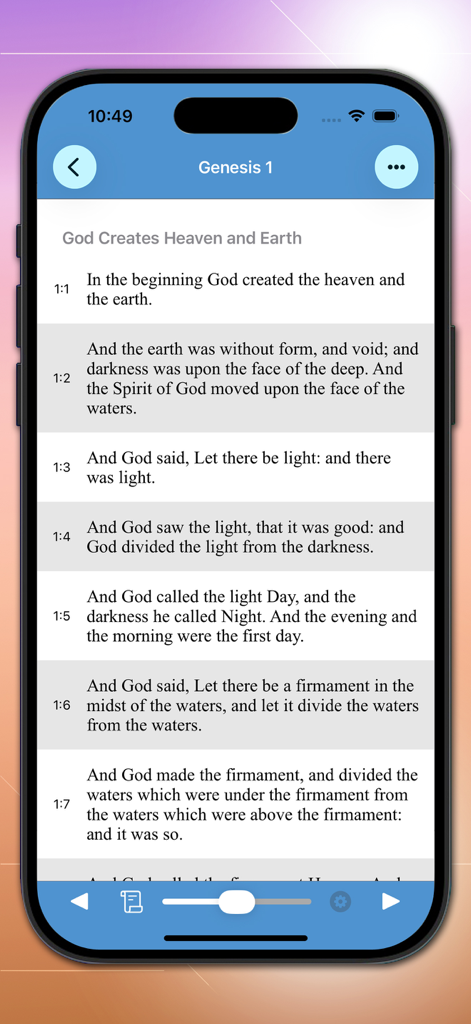 Bible-Simple Bible - Reading screen of the Simple Bible app showing Genesis chapter 1 verses