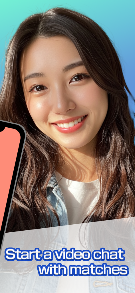 A smiling young woman on a live video call screen with the text start a video chat with matches
