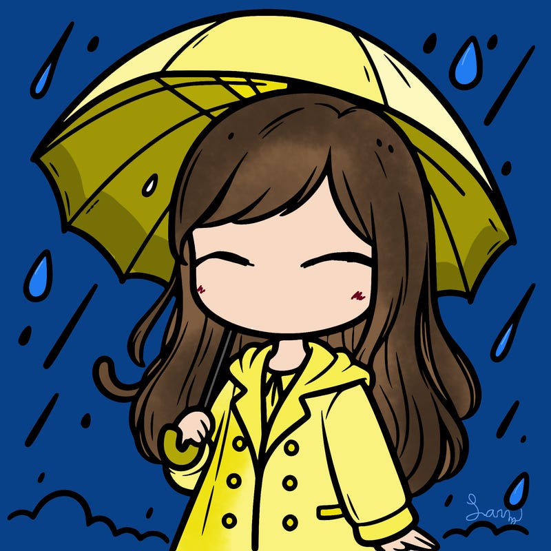 a faceless girl in a raincoat standing in the rain holding an umbrella