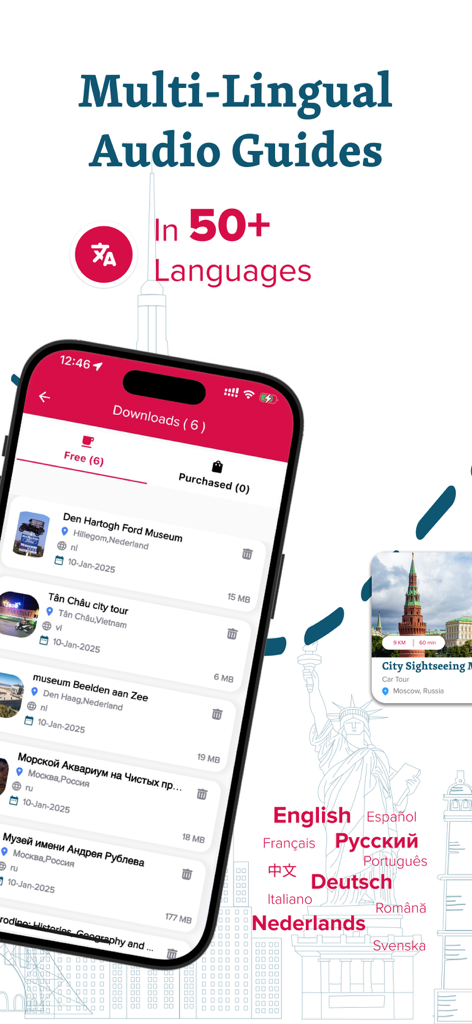 Interfaz de la aplicación izi.TRAVEL que muestra guías de audio disponibles en más de 50 idiomas