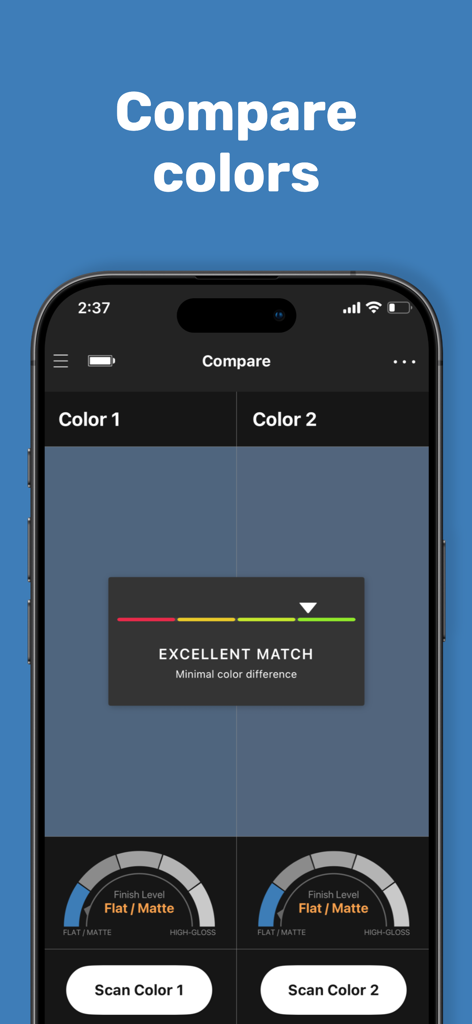 color muse - Interface de l'application Color Muse comparant deux couleurs et leurs niveaux de finition avec un résultat de correspondance excellent.