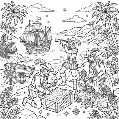 Embark on an epic voyage with our Renaissance Explorers coloring page, where brave adventurers discover new lands, chart maps, and observe exotic wildlife. This captivating scene invites you to bring the thrill of discovery to life with your favorite colors.