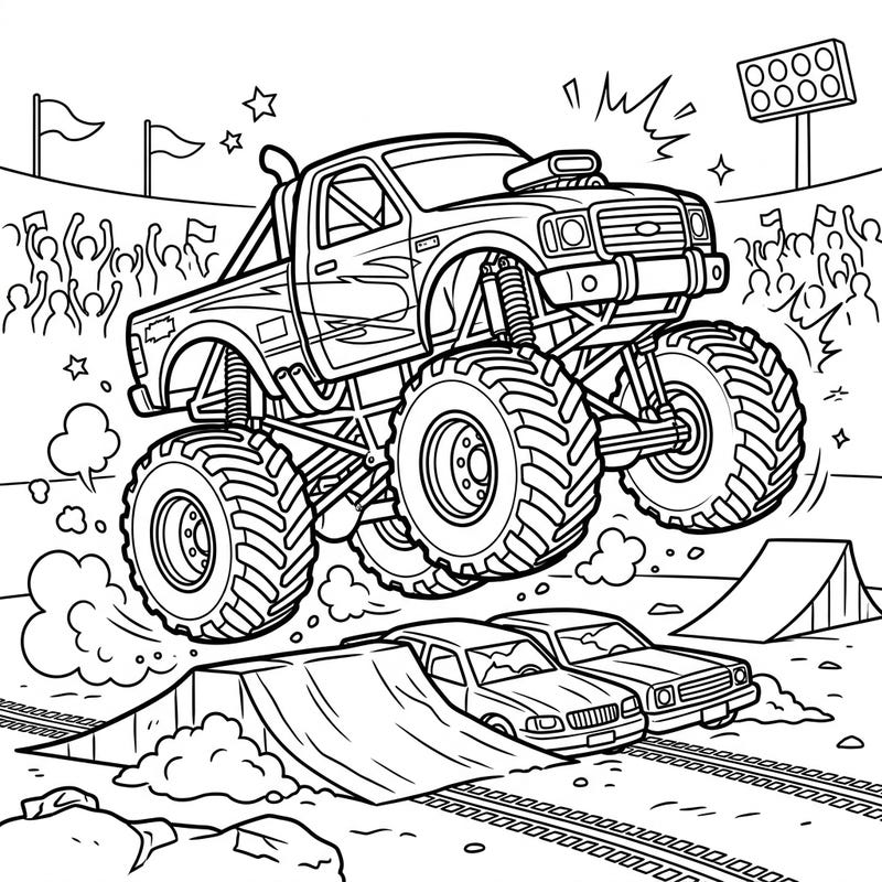 Ignite your child's imagination with this thrilling monster truck coloring page! Kids will love bringing this action-packed scene to life, featuring a colossal truck soaring over cars.