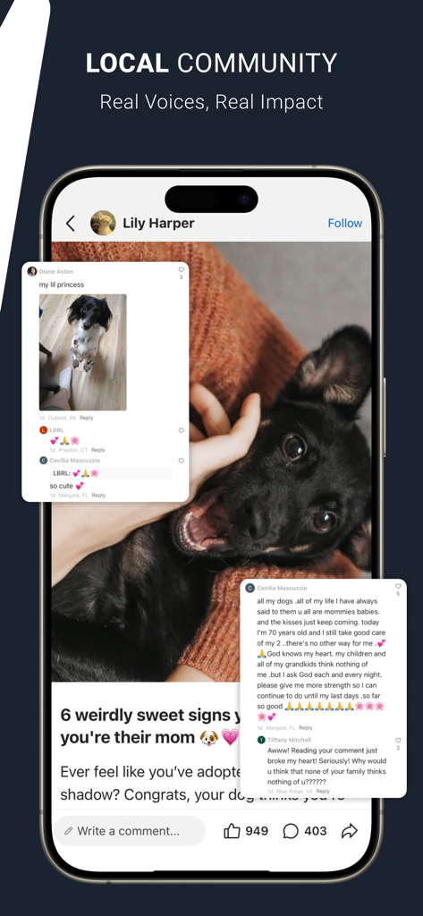 NewsBreak app interface showing local community posts and user comments on a smartphone
