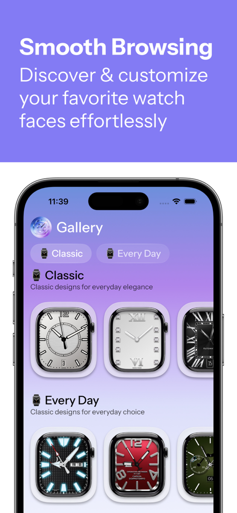Zonex: Faces Gallery - Interfaz de la aplicación Zonex mostrando una galería de esferas de Apple Watch clásicas y cotidianas.