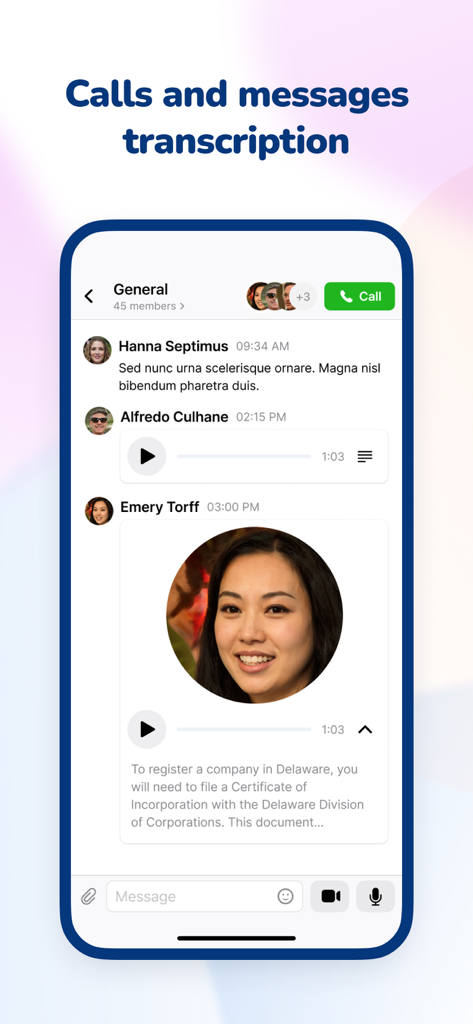 YuChat Business Communication - Mobile interface of YuChat showing a voice message with its corresponding text transcription in a business chat group.