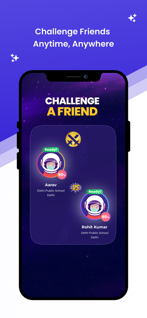 LogIQids - LogIQids app interface showing a head to head logical reasoning challenge between two student users in a space themed environment