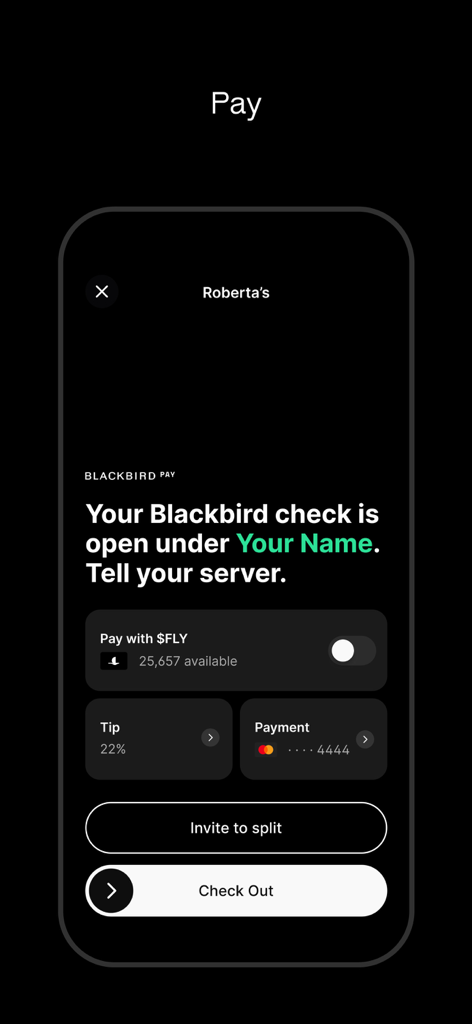 Blackbird app payment interface for a restaurant check with fly rewards and split bill options