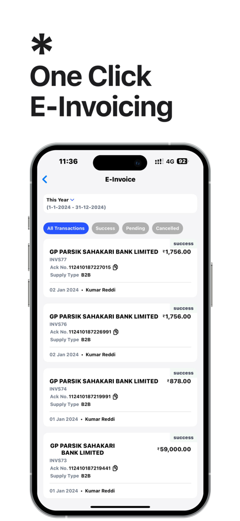 Swipe - Invoicing and Payments - Interfaz de la aplicación móvil Swipe que muestra una lista de facturas electrónicas exitosas con detalles de transacción.