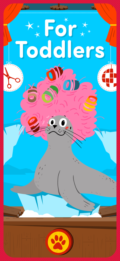 A cartoon seal with pink hair rollers on an iceberg in an educational game for toddlers