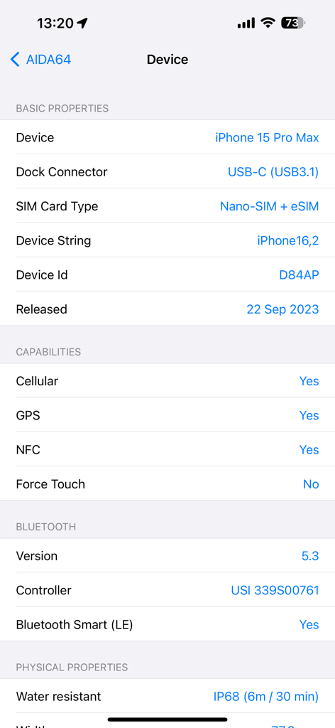 AIDA64 app showing detailed hardware specifications and device capabilities for iPhone 15 Pro Max