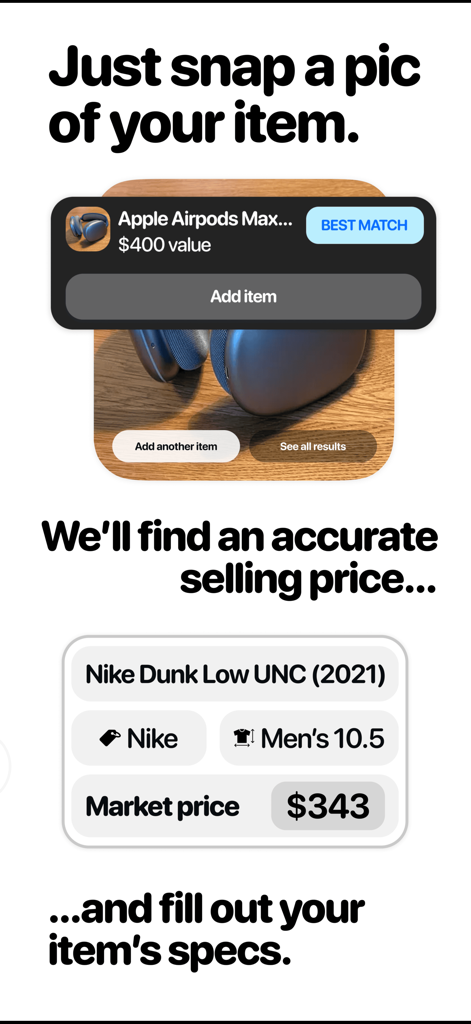 SellRaze app interface demonstrating AI item identification and market price comparison from a photo