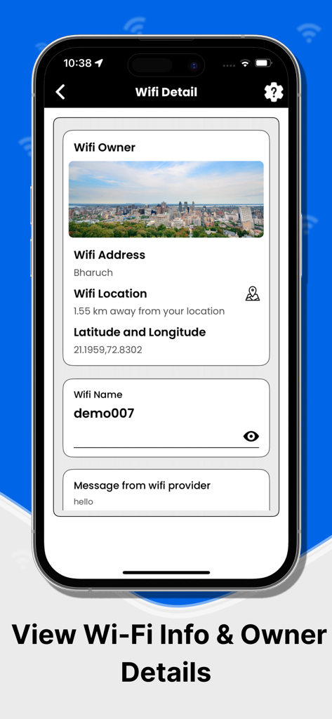 Wifi Password Community - Mobile app screen showing WiFi network information including location and owner details