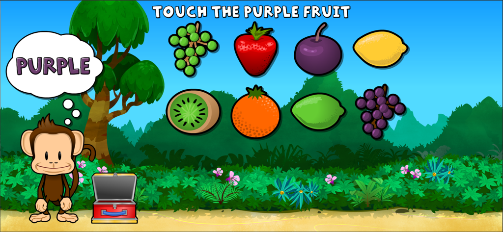 A preschool educational game screen showing a monkey asking the player to touch the purple fruit among various fruit choices