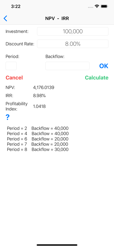 FinCalcPro Financial Solver - Financial calculator interface showing NPV and IRR results with investment and discount rate data