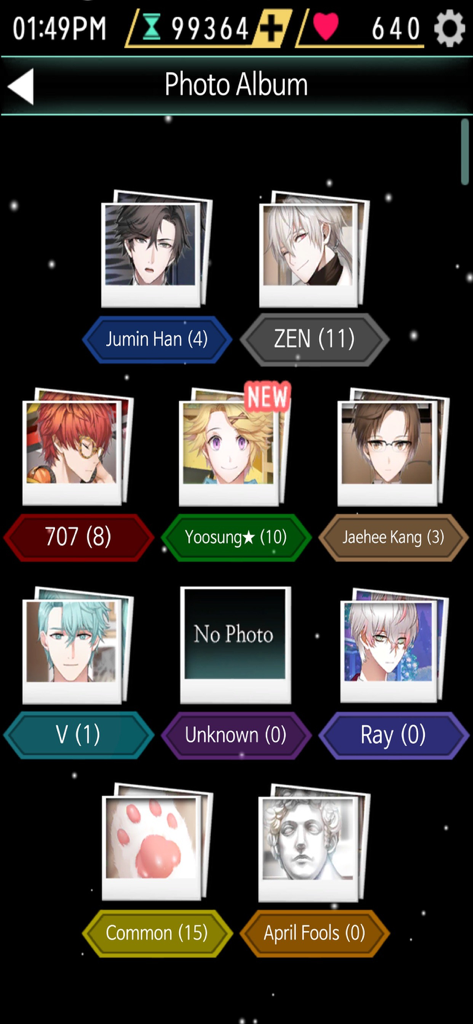 In-game photo album screen from Mystic Messenger showing character galleries and photo counts.
