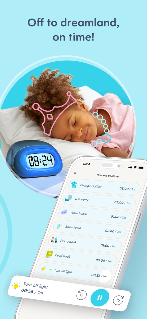 電話の横で平和に眠る子供。電話にはMagicStepsアプリが表示されており、歯磨きや読書などの就寝時タスクのパーソナライズされたプリンセスリストが表示されています。