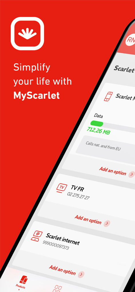 MyScarlet - Interfaz de la aplicación MyScarlet para gestionar suscripciones de datos, internet y TV