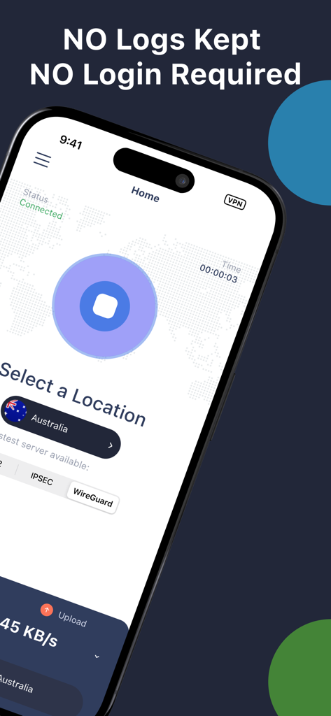 VPN - SuperX Unlimited Proxy - Interface de l'application VPN SuperX affichant les messages "Aucun journal conservé" et "Aucune connexion requise" avec un statut de connexion réussi.